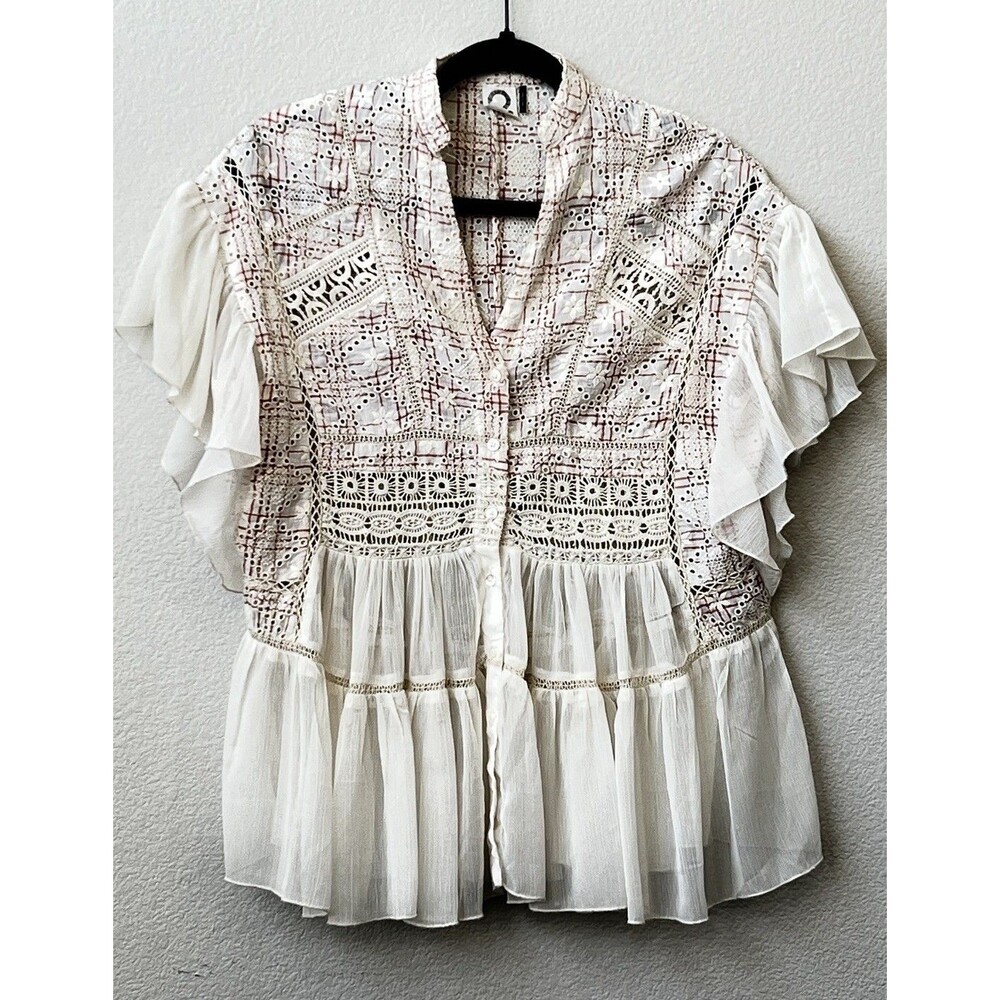 Anthropologie Akemi + Kin Calavon Top XS Ivory Red Plaid Eyelet Lace Peplum Boho